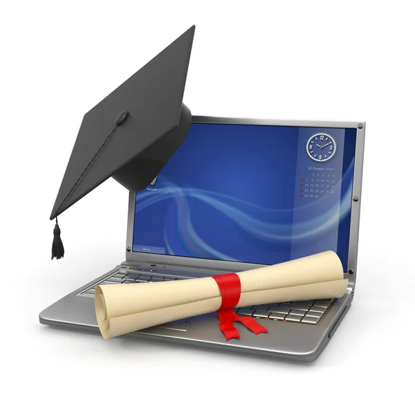 Laurea in e-learning. Laptop, diploma e mortaio — Foto Stock