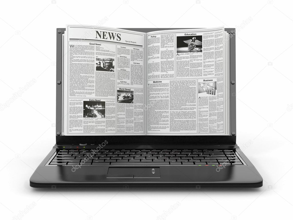 News. Newspaper as laptop screen on white background.