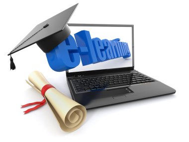 E-learning. Laptop, diploma and mortar board. clipart