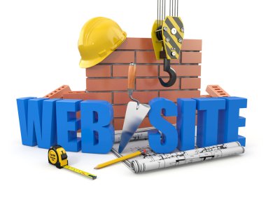 Web site building. Crane, wall and tools. 3d clipart