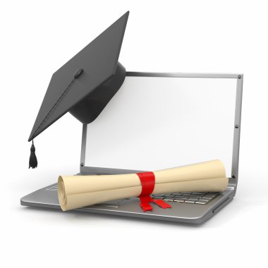 E-learning graduation. Laptop, diploma and mortar board