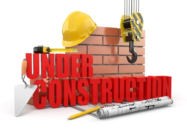 Under construction. Tools, hardhat and wall. 3d — Stock Photo, Image