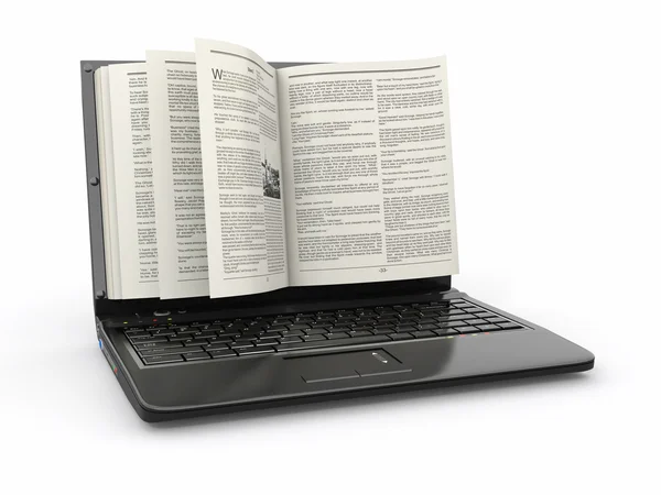 E-learning. Schermo del computer portatile come libro su sfondo bianco . — Foto Stock