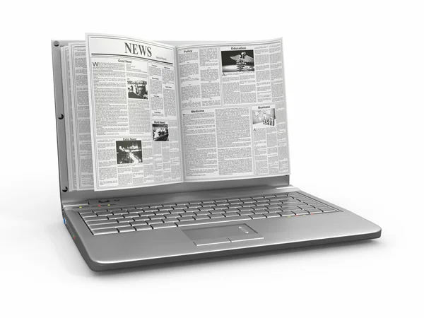 Nyheter. tidningen som laptop skärm på vit bakgrund. — Stockfoto
