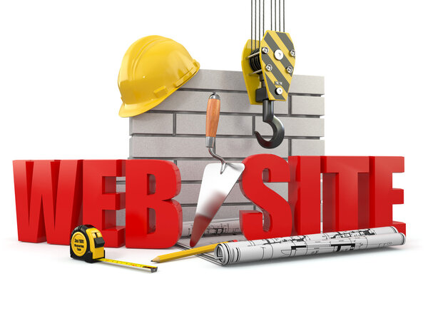 Web site building. Crane, wall and tools. 3d
