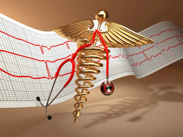 Orvosi háttér. Sztetoszkóp, caduceus szimbóluma és cardiogram — Stock Fotó