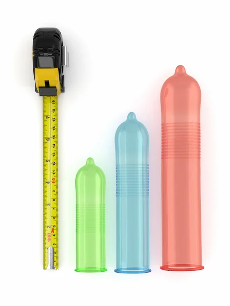 Размер пениса. Презервативы разных размеров и рулетка. 3d — стоковое фото
