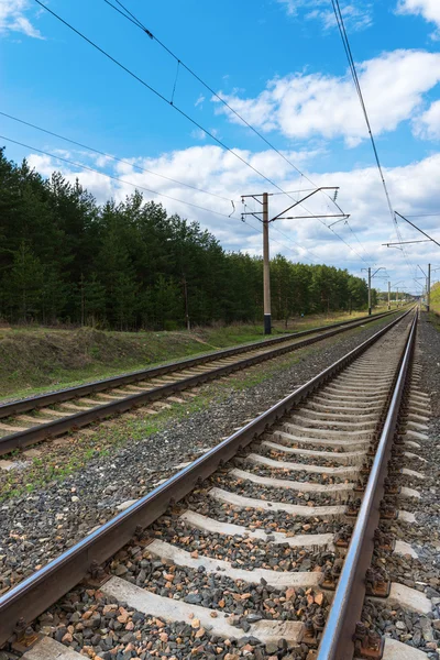 Demiryolu ile elektrik kabloları — Stok fotoğraf
