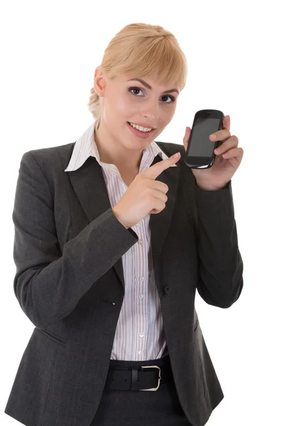 Νεαρή γυναίκα δείχνει ένα τηλέφωνο με οθόνη αφής — Φωτογραφία Αρχείου