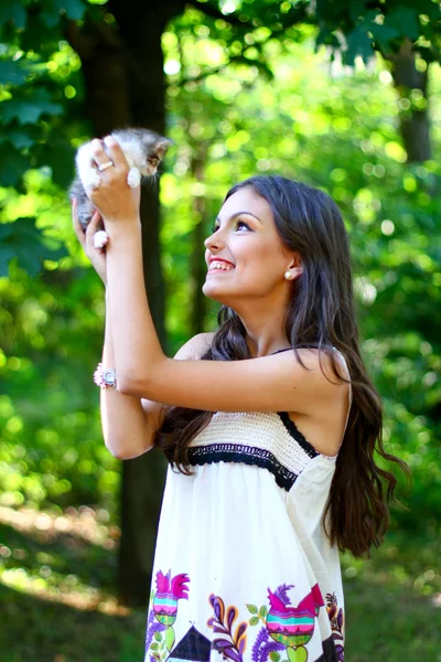 Sevimli küçük kedi yavrusu ile genç ve güzel beyaz kız — Stok fotoğraf