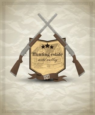 Vintage emblem with shield and weapon - gun for hunter. Abstract clipart