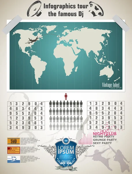Dj tur için Infographics unsurları ayarlayın. Dünya Haritası ve şey — Stok Vektör