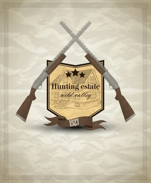 Вінтажна емблема з щитом і зброєю - зброя для мисливця. Анотація — стоковий вектор