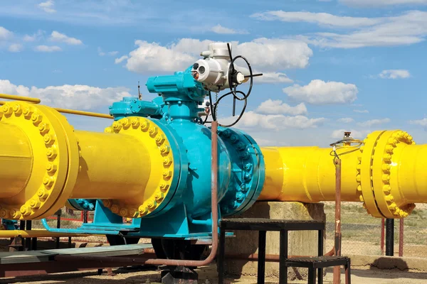 Ball valve on a gas pipeline. Stock Photo