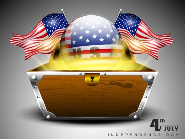 3D glossy globe with American flags and treasure chest on grey isolated background. clipart