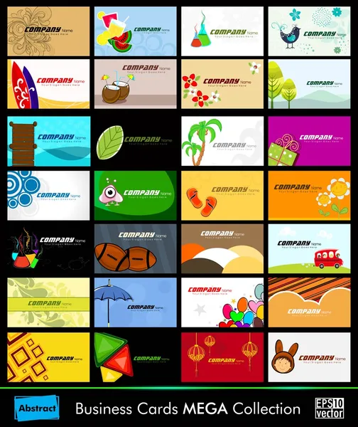 Variété de 28 cartes de visite abstraites colorées horizontales détaillées sur différents sujets . — Image vectorielle