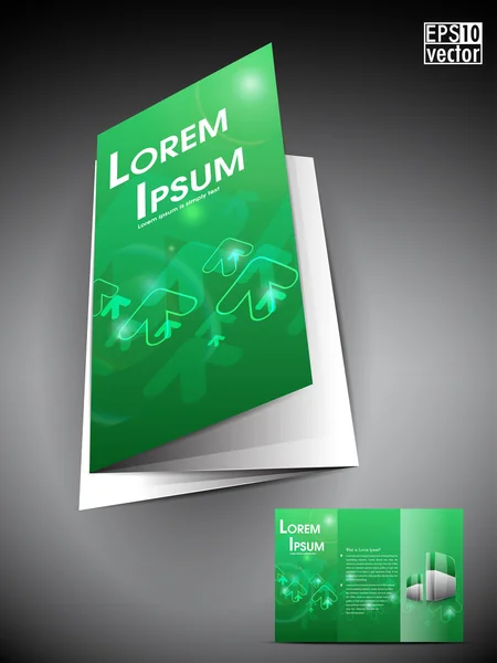 Professionele drie vouwen sjabloon folder, corporate brochure of cover ontwerp in groene kleur met 3D-cirkel en ruimte voor uw tekst, — Stockvector