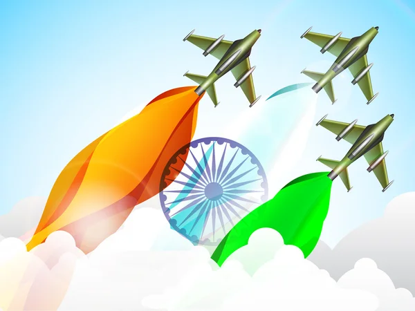 Индийский флаг, развевающийся в небе на равнинах истребителей по случаю Дня Республики, Дня Независимости и других событий . — стоковый вектор