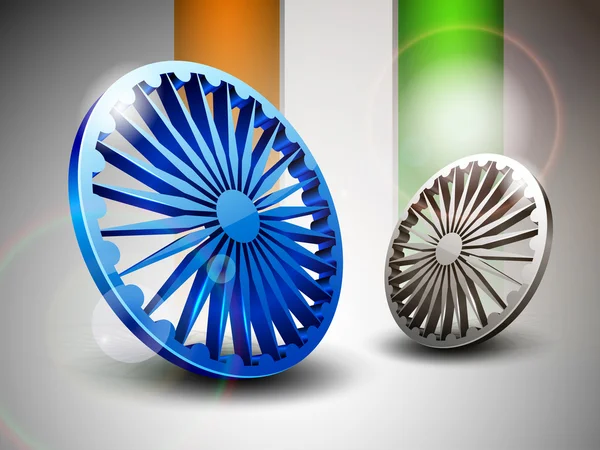 Tema bandiera indiana con ruota ashoka blu e grigia 3D e zafferano lucido e onda verde — Vettoriale Stock