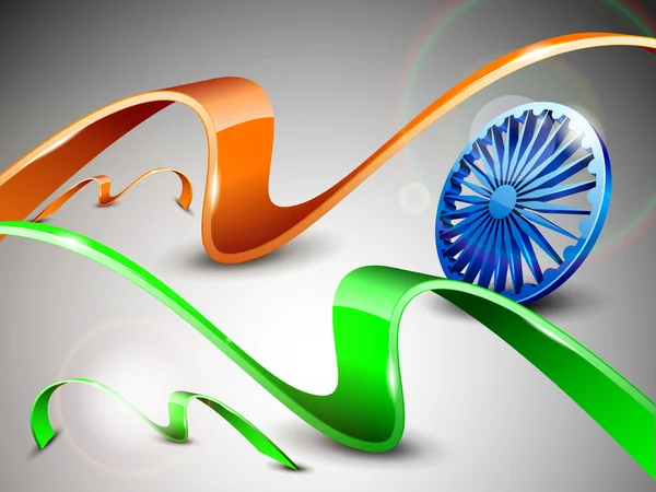 Motyw flagi Indii z 3d niebieski ashoka koła i błyszczący fala szafran i zielony — Wektor stockowy