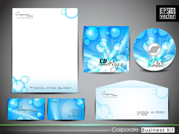 专业企业标识套件或商务套件，艺术、 抽象的水蓝色颜色为您的业务的模式。eps 10 包含 cd 封面、 信封、 名片和信头的设计. — 图库矢量图片