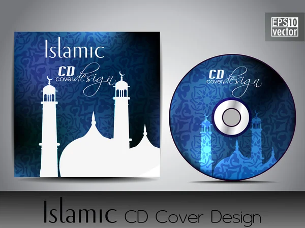 Islamische CD-Cover-Design mit Moschee oder Masjid Silhouette in blauer Farbe und floralen Mustern. Folge 10. Vektorillustration. — Stockvektor