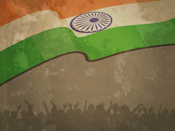 De vlag van India op oude geweven papier achtergrond met vlag en silhouetten van. vector illustratie eps10. — Stockvector