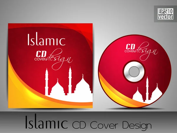 Islamische CD-Cover-Design mit Moschee oder Masjid Silhouette in roter und gelber Farbe und floralen Mustern. Folge 10. Vektorillustration. — Stockvektor