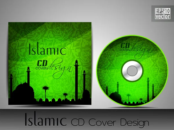 Islamic CD cover design with Mosque or Masjid silhouette in green color and floral patterns. EPS 10. Vector illustration. — Stock Vector
