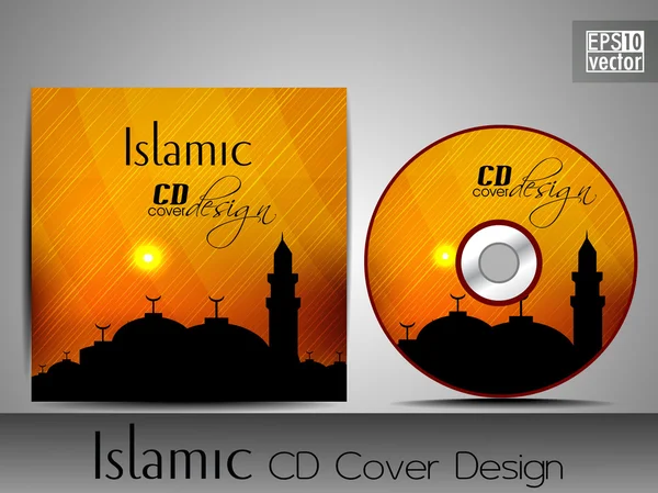 Islamic CD cover design with Mosque or Masjid silhouette in yellow color and floral patterns. EPS 10. Vector illustration. — Stock Vector