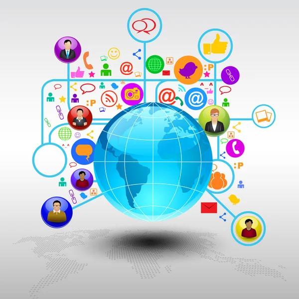 Connessione ai social media e comunicazione a livello globale con icone di rete. Illustrazione vettoriale. EPS 10 — Vettoriale Stock