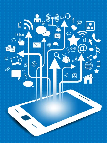 Connessione e comunicazione sui social media nelle reti mobili globali con icone di rete. Illustrazione vettoriale. EPS — Vettoriale Stock