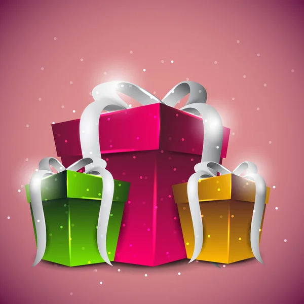 Glanzende geschenkdozen in roze, groene en gele kleur met glanzend zilver lint op mooie roze achtergrond. EPS 10. — Stockvector