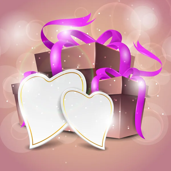 Glanzende geschenkdozen met glanzende roze linten en lege hart vormen voor uw bericht op mooie roze achtergrond. EPS 10. — Stockvector