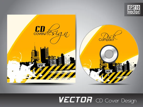 CD cover presentation design template, copy space and wave effect with urban city silhouette, editable EPS10 vector illustration. — Stock Vector