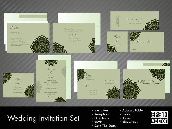 Ett komplett bröllopsinbjudningskit med vacker och elegant abstrakt blommig design i ljusa och mörkgröna färger. EPS 10. — Stock vektor