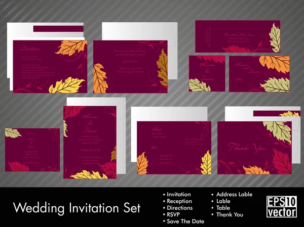 Un kit completo de invitación a la boda con un diseño floral abstracto hermoso y elegante con patrón de hojas de árbol de colores sobre fondo rosa oscuro. EPS 10 . — Archivo Imágenes Vectoriales