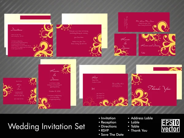 A complete wedding Invitation kit with beautiful and elegant abstract floral design in bright and dark pink colors. EPS 10. — Stock Vector