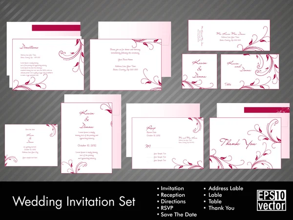 A complete wedding Invitation kit with beautiful and elegant abstract floral design in pink color on white color background. EPS 10. — Stock Vector