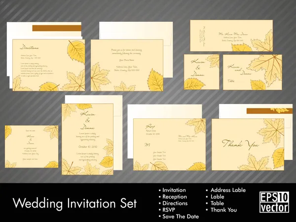Un kit completo de invitación a la boda con hermoso y elegante diseño floral abstracto con patrón de hojas de árbol de colores sobre fondo amarillo brillante. EPS 10 . — Archivo Imágenes Vectoriales