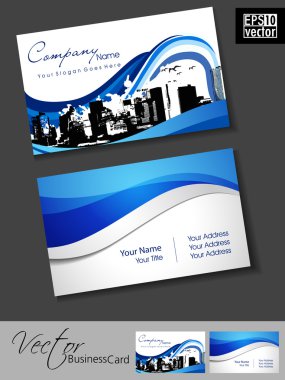 Professional Real estate business card with urban city silhouette. Blue Artistic wave effect with grunge, abstract corporate look, EPS 10 Vector illustration. clipart