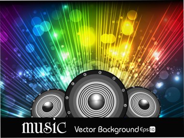 Abstract music background in multi colors rays and spekers. clipart