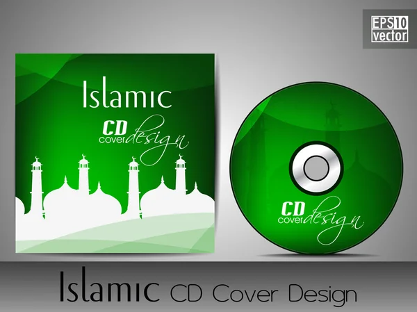 Islamic CD cover design with Mosque or Masjid silhouette in gree — Stock Vector