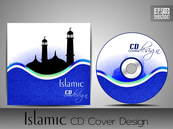 Islamic CD cover design with Mosque or Masjid silhouette in yell — Stock Vector