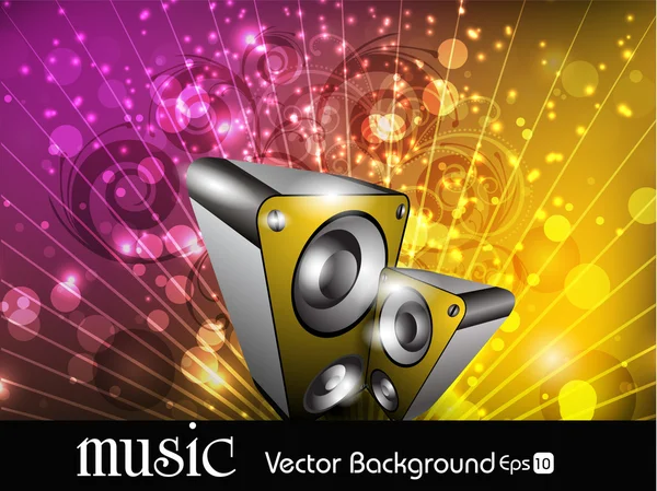 Abstract floral music background in multi colors rays and speker — Stock Vector