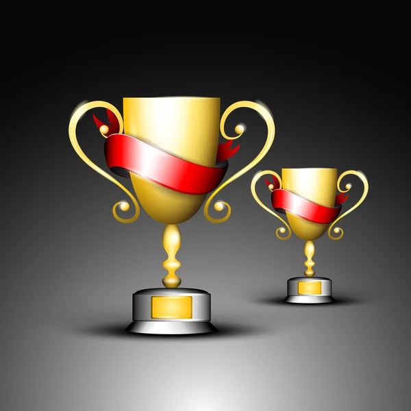 Χρυσό τρόπαιο ή χρυσό Κύπελλο με κόκκινες κορδέλες, απομονώνονται σε γκρι φόντο. EPS 10. — Διανυσματικό Αρχείο