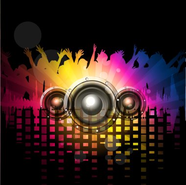 Musical rock night party background with speakers and silhouette. vector. clipart