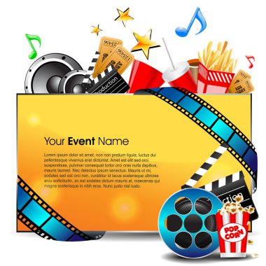 Illustration of film stripe with entertainment object s and banner for your text on grey background. EPS 10 clipart