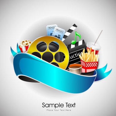 Illustration of film stripe with entertainment object s and ribbon isolated on grey background. EPS 10 clipart