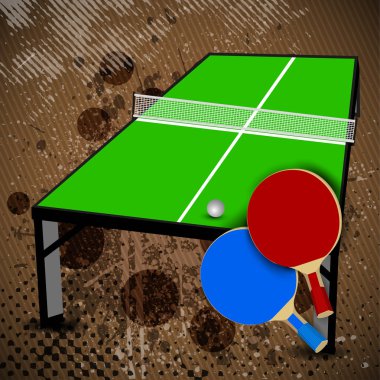 Two table tennis or ping pong rackets and balls on a blue table clipart